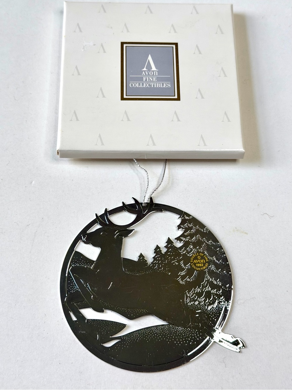 Vintage Avon Silverplate Ornament 1992 Dashing Through Snow Christmas Reindeer